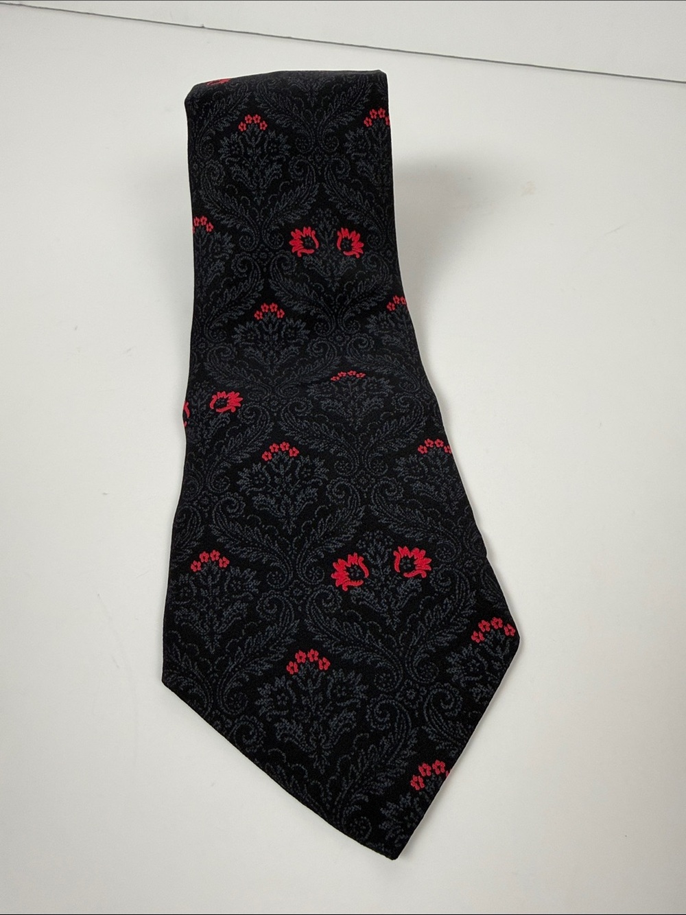 Lanvin Black Tie with Red Floral Motif
